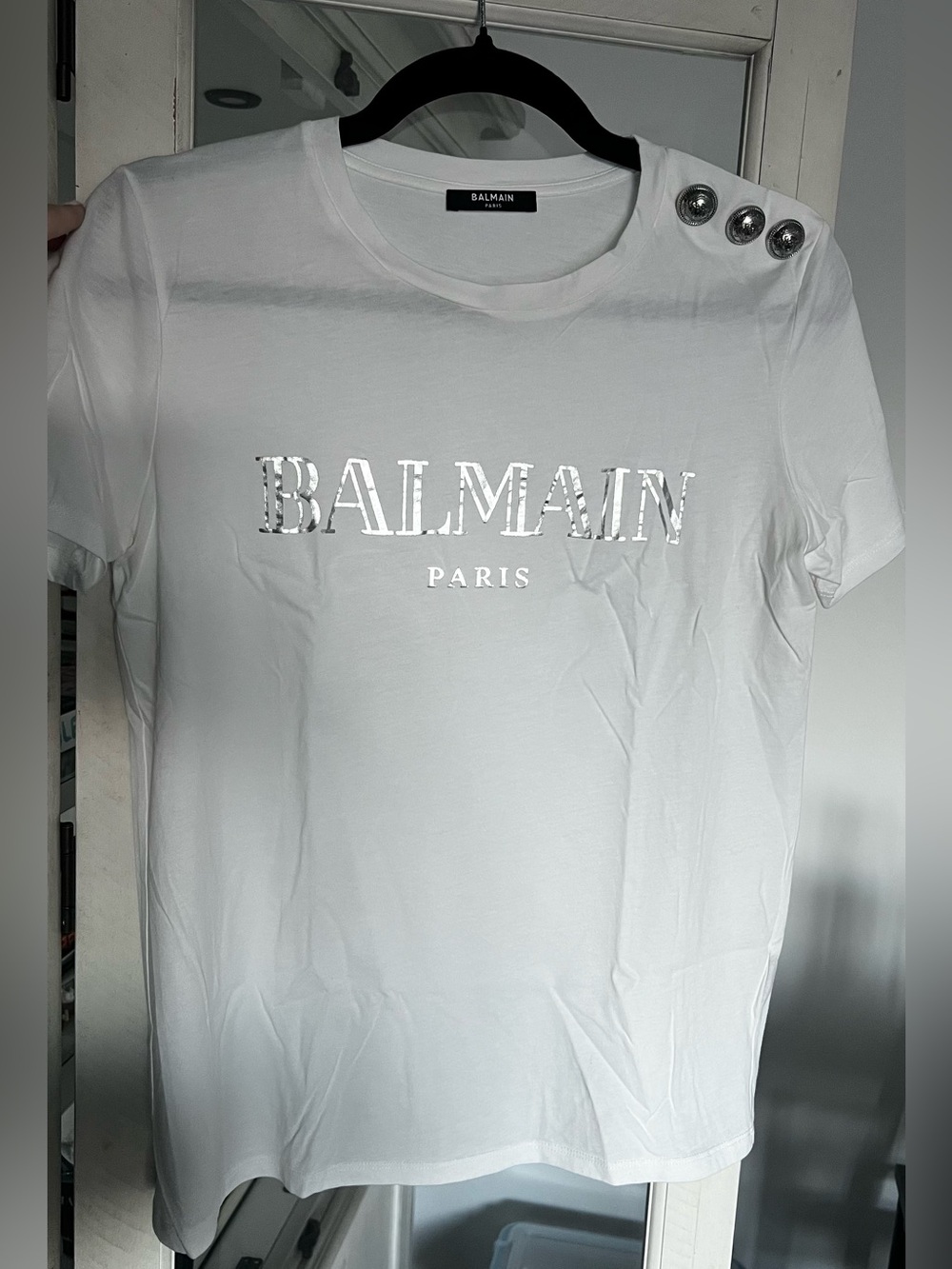Balmain White T-Shirt with Silver Logo and 3 Shoulder Buttons